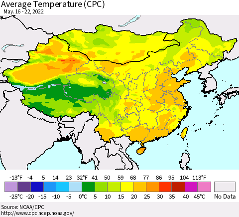 China, Mongolia and Taiwan Average Temperature (CPC) Thematic Map For 5/16/2022 - 5/22/2022
