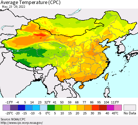 China, Mongolia and Taiwan Average Temperature (CPC) Thematic Map For 5/23/2022 - 5/29/2022
