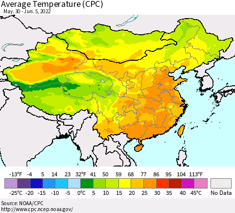 China, Mongolia and Taiwan Average Temperature (CPC) Thematic Map For 5/30/2022 - 6/5/2022