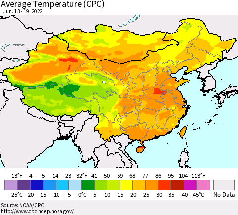 China, Mongolia and Taiwan Average Temperature (CPC) Thematic Map For 6/13/2022 - 6/19/2022