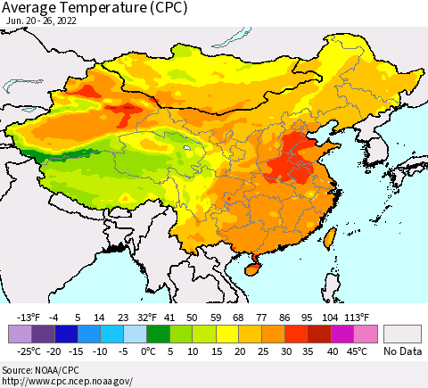 China, Mongolia and Taiwan Average Temperature (CPC) Thematic Map For 6/20/2022 - 6/26/2022