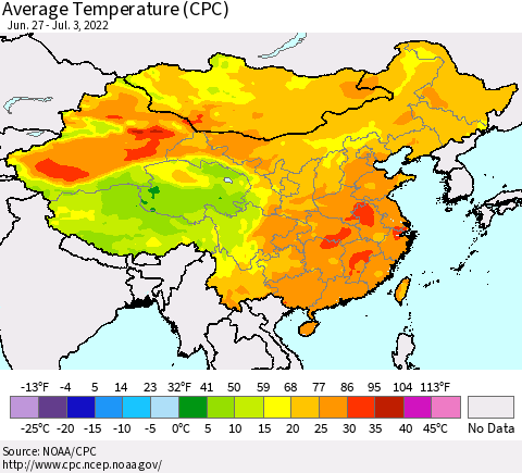 China, Mongolia and Taiwan Average Temperature (CPC) Thematic Map For 6/27/2022 - 7/3/2022