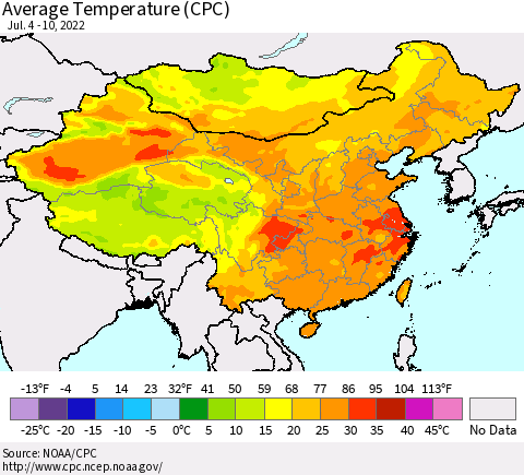 China, Mongolia and Taiwan Average Temperature (CPC) Thematic Map For 7/4/2022 - 7/10/2022