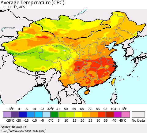China, Mongolia and Taiwan Average Temperature (CPC) Thematic Map For 7/11/2022 - 7/17/2022