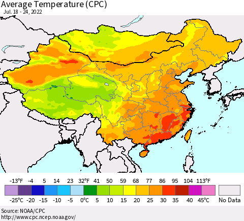 China, Mongolia and Taiwan Average Temperature (CPC) Thematic Map For 7/18/2022 - 7/24/2022