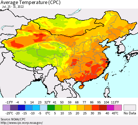 China, Mongolia and Taiwan Average Temperature (CPC) Thematic Map For 7/25/2022 - 7/31/2022