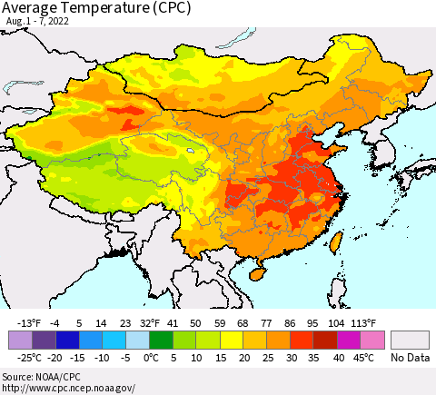 China, Mongolia and Taiwan Average Temperature (CPC) Thematic Map For 8/1/2022 - 8/7/2022