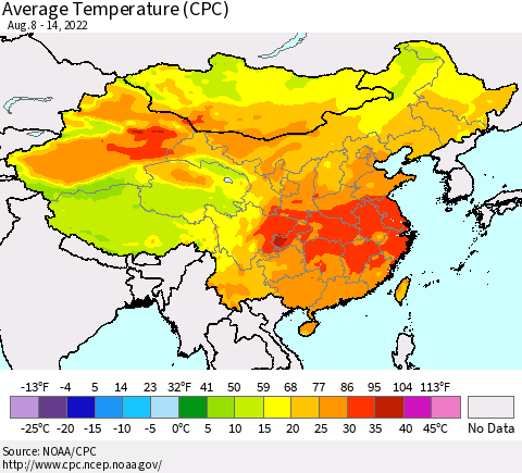 China, Mongolia and Taiwan Average Temperature (CPC) Thematic Map For 8/8/2022 - 8/14/2022