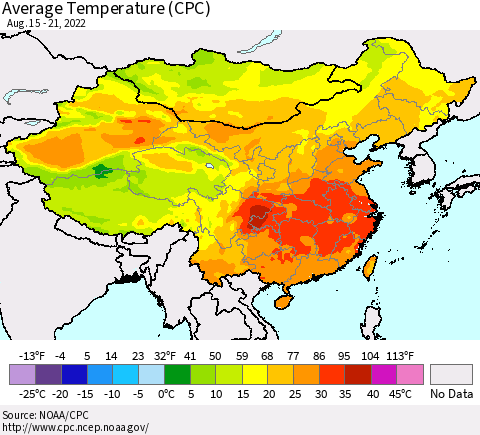 China, Mongolia and Taiwan Average Temperature (CPC) Thematic Map For 8/15/2022 - 8/21/2022