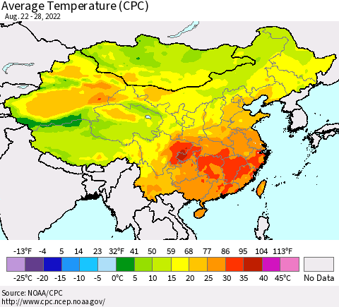 China, Mongolia and Taiwan Average Temperature (CPC) Thematic Map For 8/22/2022 - 8/28/2022