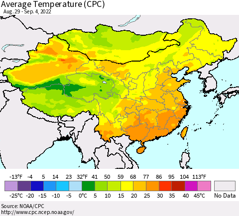 China, Mongolia and Taiwan Average Temperature (CPC) Thematic Map For 8/29/2022 - 9/4/2022