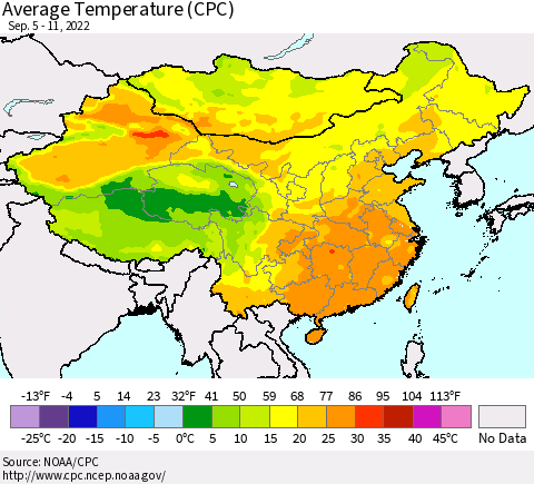 China, Mongolia and Taiwan Average Temperature (CPC) Thematic Map For 9/5/2022 - 9/11/2022
