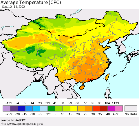 China, Mongolia and Taiwan Average Temperature (CPC) Thematic Map For 9/12/2022 - 9/18/2022