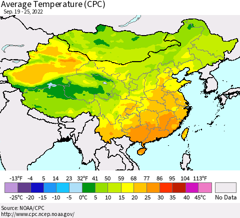 China, Mongolia and Taiwan Average Temperature (CPC) Thematic Map For 9/19/2022 - 9/25/2022