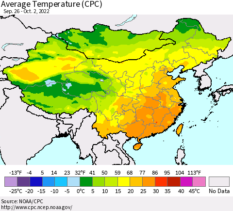 China, Mongolia and Taiwan Average Temperature (CPC) Thematic Map For 9/26/2022 - 10/2/2022