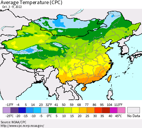 China, Mongolia and Taiwan Average Temperature (CPC) Thematic Map For 10/3/2022 - 10/9/2022