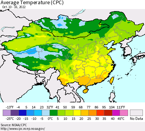 China, Mongolia and Taiwan Average Temperature (CPC) Thematic Map For 10/10/2022 - 10/16/2022
