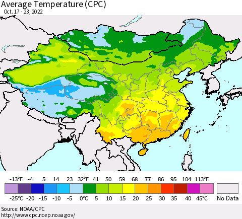 China, Mongolia and Taiwan Average Temperature (CPC) Thematic Map For 10/17/2022 - 10/23/2022