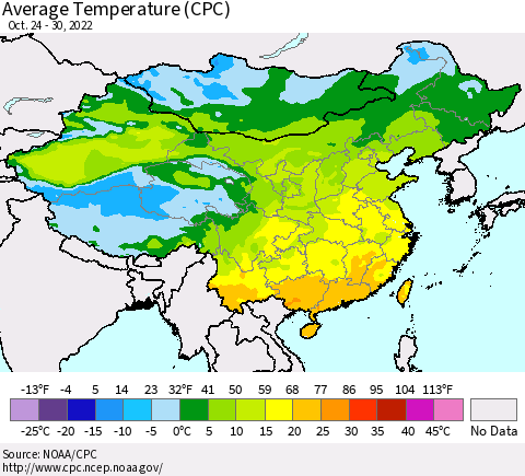 China, Mongolia and Taiwan Average Temperature (CPC) Thematic Map For 10/24/2022 - 10/30/2022