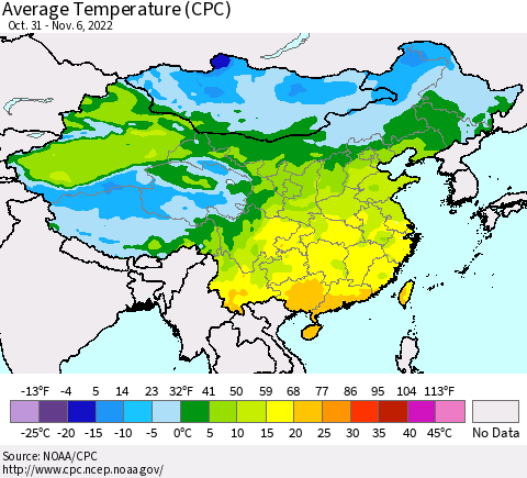 China, Mongolia and Taiwan Average Temperature (CPC) Thematic Map For 10/31/2022 - 11/6/2022
