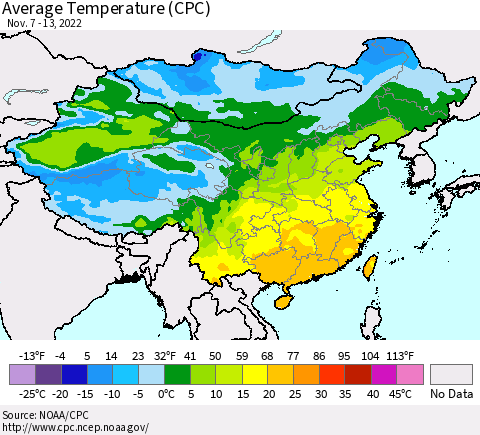 China, Mongolia and Taiwan Average Temperature (CPC) Thematic Map For 11/7/2022 - 11/13/2022