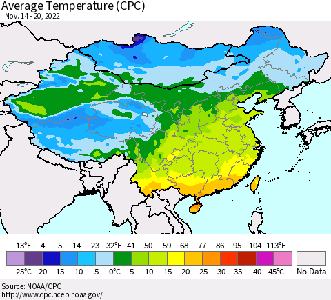 China, Mongolia and Taiwan Average Temperature (CPC) Thematic Map For 11/14/2022 - 11/20/2022