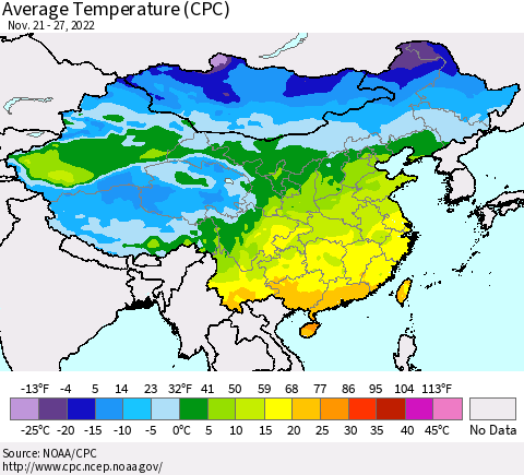 China, Mongolia and Taiwan Average Temperature (CPC) Thematic Map For 11/21/2022 - 11/27/2022