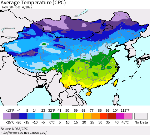 China, Mongolia and Taiwan Average Temperature (CPC) Thematic Map For 11/28/2022 - 12/4/2022