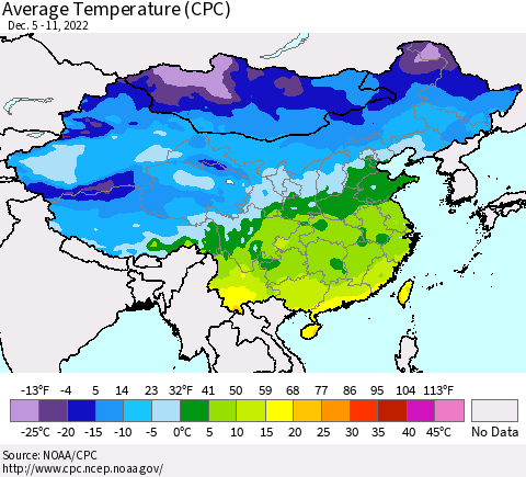 China, Mongolia and Taiwan Average Temperature (CPC) Thematic Map For 12/5/2022 - 12/11/2022