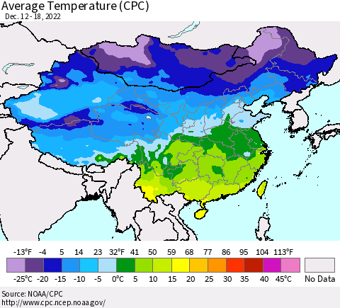 China, Mongolia and Taiwan Average Temperature (CPC) Thematic Map For 12/12/2022 - 12/18/2022