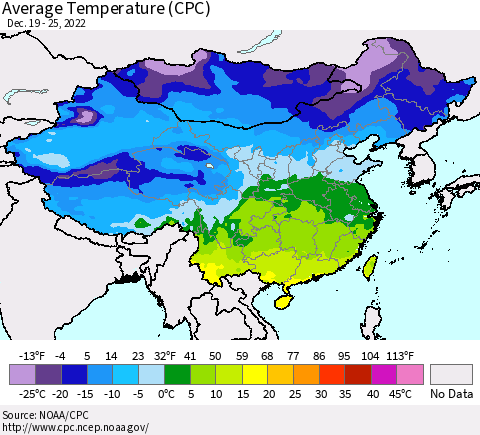 China, Mongolia and Taiwan Average Temperature (CPC) Thematic Map For 12/19/2022 - 12/25/2022