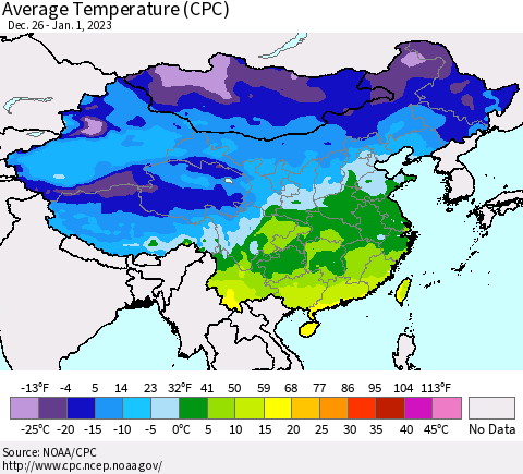China, Mongolia and Taiwan Average Temperature (CPC) Thematic Map For 12/26/2022 - 1/1/2023
