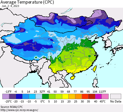 China, Mongolia and Taiwan Average Temperature (CPC) Thematic Map For 1/2/2023 - 1/8/2023