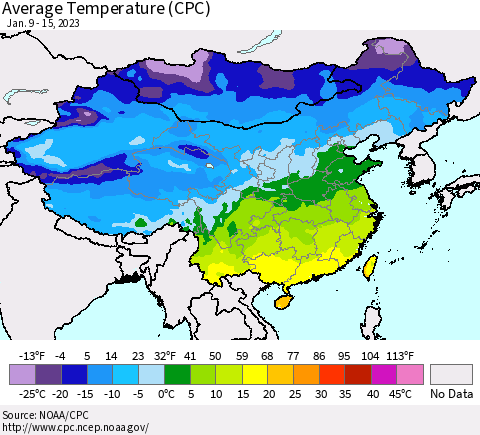 China, Mongolia and Taiwan Average Temperature (CPC) Thematic Map For 1/9/2023 - 1/15/2023
