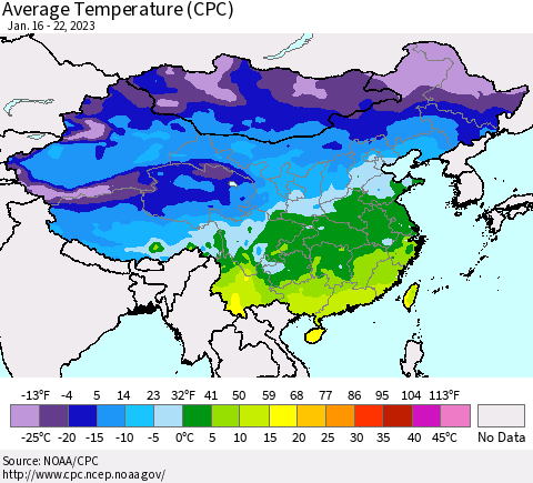 China, Mongolia and Taiwan Average Temperature (CPC) Thematic Map For 1/16/2023 - 1/22/2023