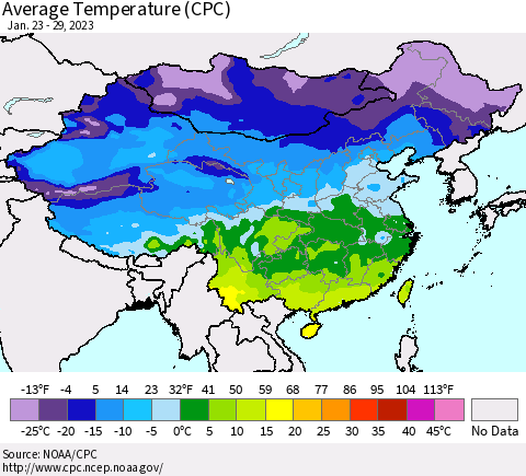China, Mongolia and Taiwan Average Temperature (CPC) Thematic Map For 1/23/2023 - 1/29/2023