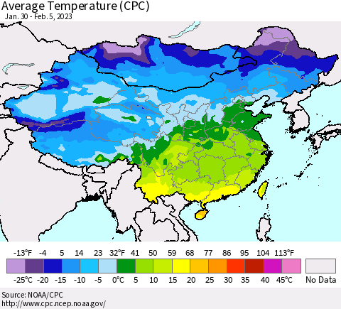 China, Mongolia and Taiwan Average Temperature (CPC) Thematic Map For 1/30/2023 - 2/5/2023