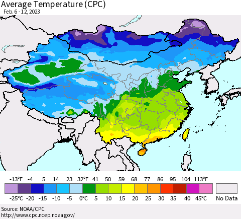 China, Mongolia and Taiwan Average Temperature (CPC) Thematic Map For 2/6/2023 - 2/12/2023