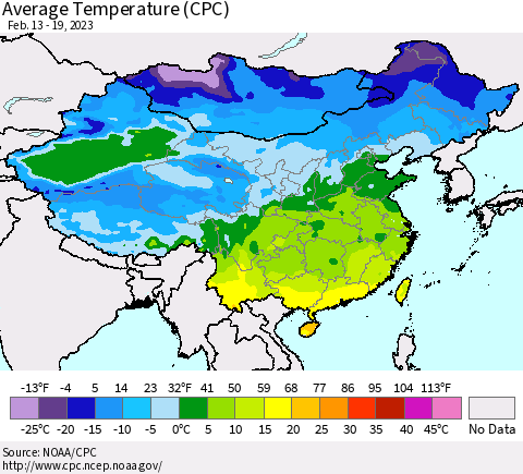 China, Mongolia and Taiwan Average Temperature (CPC) Thematic Map For 2/13/2023 - 2/19/2023