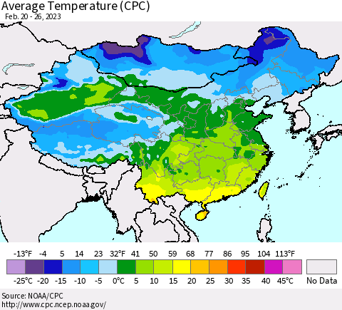 China, Mongolia and Taiwan Average Temperature (CPC) Thematic Map For 2/20/2023 - 2/26/2023