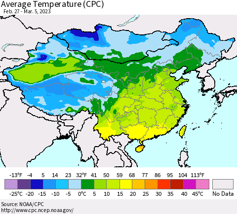 China, Mongolia and Taiwan Average Temperature (CPC) Thematic Map For 2/27/2023 - 3/5/2023