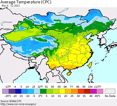 China, Mongolia and Taiwan Average Temperature (CPC) Thematic Map For 3/6/2023 - 3/12/2023