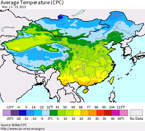 China, Mongolia and Taiwan Average Temperature (CPC) Thematic Map For 3/13/2023 - 3/19/2023