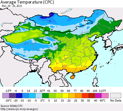 China, Mongolia and Taiwan Average Temperature (CPC) Thematic Map For 3/20/2023 - 3/26/2023