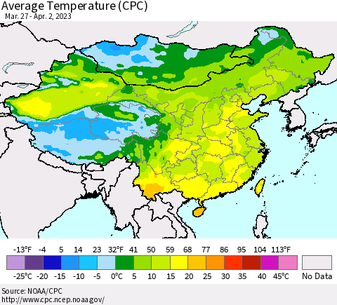 China, Mongolia and Taiwan Average Temperature (CPC) Thematic Map For 3/27/2023 - 4/2/2023