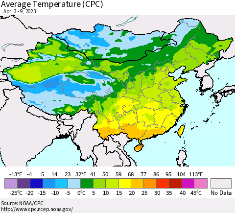 China, Mongolia and Taiwan Average Temperature (CPC) Thematic Map For 4/3/2023 - 4/9/2023