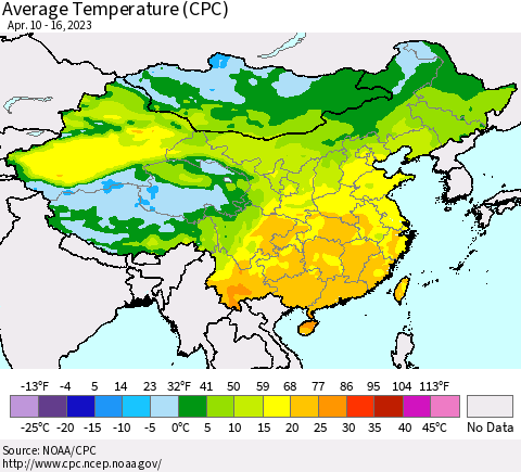China, Mongolia and Taiwan Average Temperature (CPC) Thematic Map For 4/10/2023 - 4/16/2023