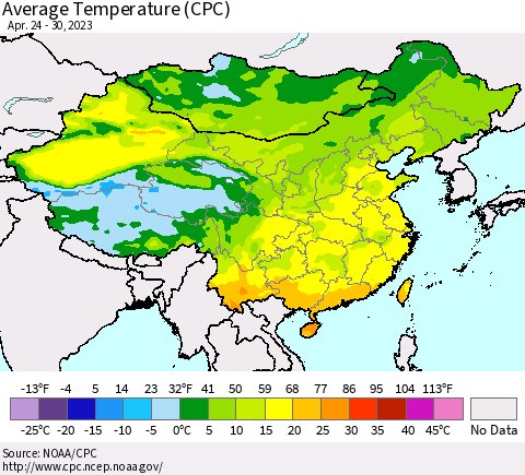 China, Mongolia and Taiwan Average Temperature (CPC) Thematic Map For 4/24/2023 - 4/30/2023