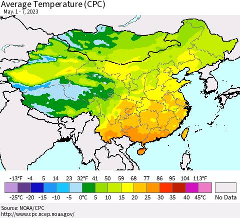China, Mongolia and Taiwan Average Temperature (CPC) Thematic Map For 5/1/2023 - 5/7/2023
