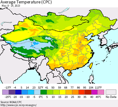 China, Mongolia and Taiwan Average Temperature (CPC) Thematic Map For 5/8/2023 - 5/14/2023